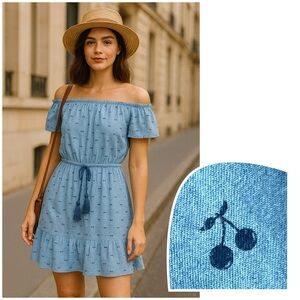 DENIM by ELLISON | Cotton Off Shoulder Ruffle Cherry Print Dress